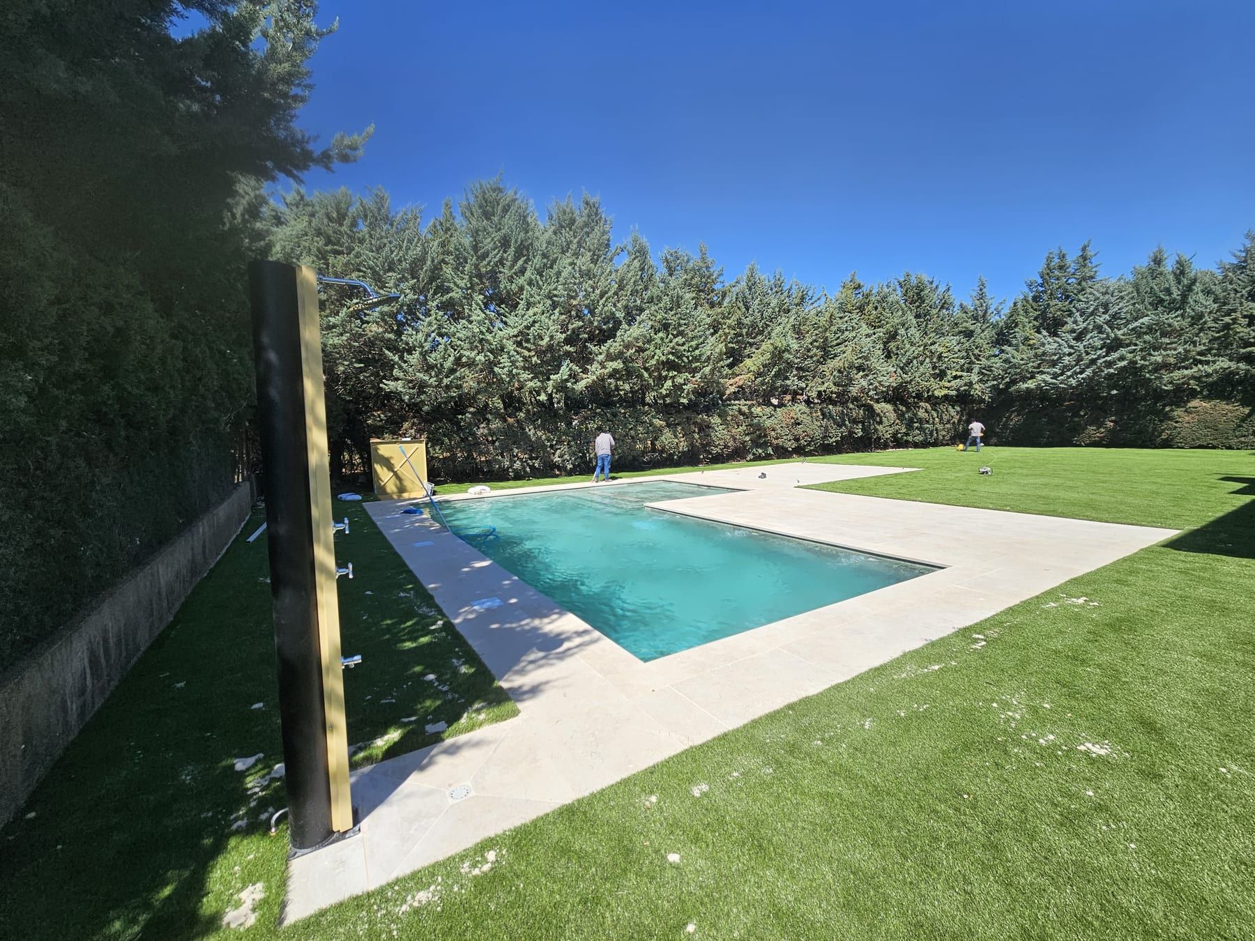 Piscina en L con gran playa en jardín amplio, vista 3